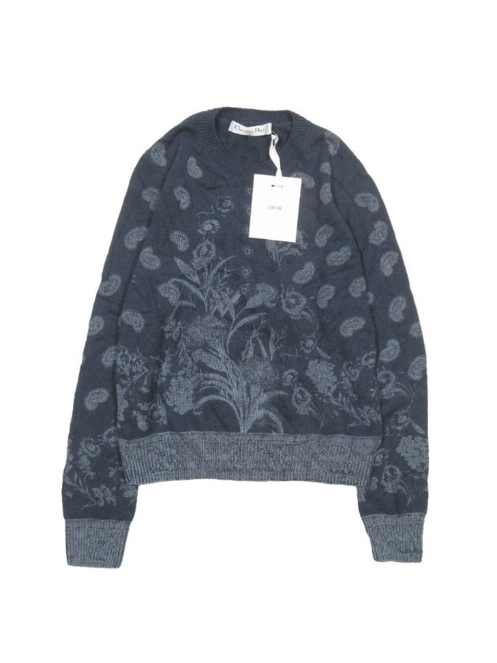 Dior Floral Paisley Cashmere 100% Knit Sweater Pullover Long Sleeve 36 Navy